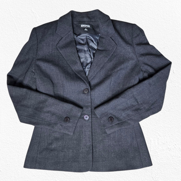 1990s Vintage Kasper Charcoal Gray Wool Single Breasted Blazer Jacket Size 4 - Picture 1 of 8